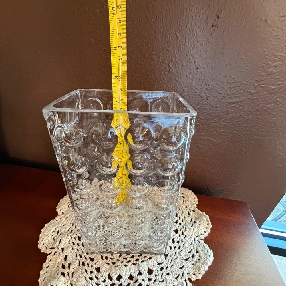 Vintage Rectangular Clear Glass Hobnail Bubble Texture Vase 8 Inch Tall MCM